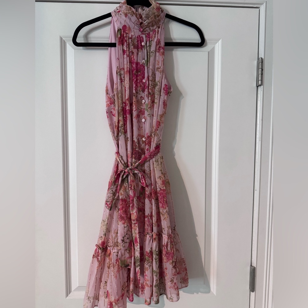 Taylor Pink and Red Halter Tie Front Maxi Dress